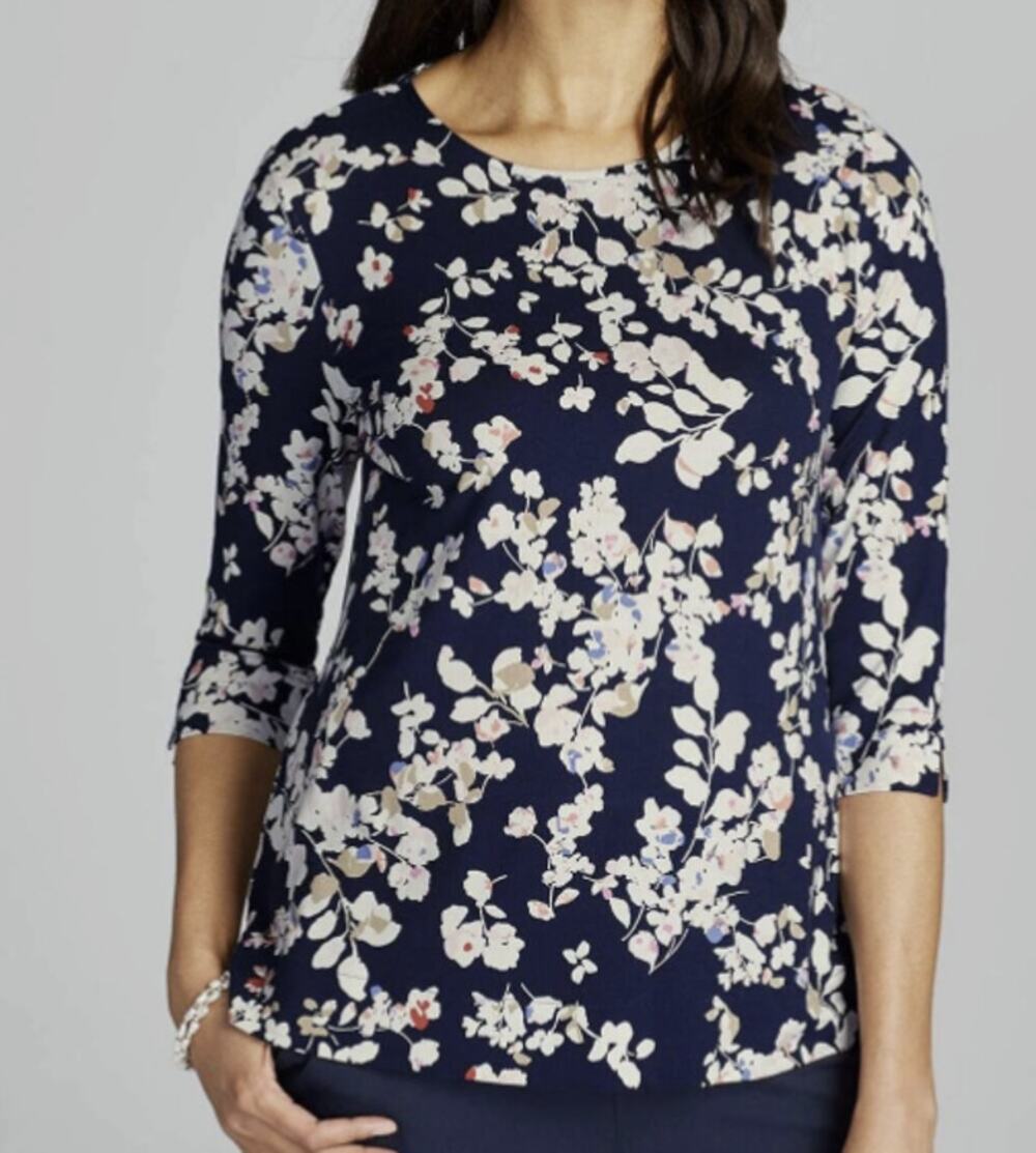 J. Jill Wearever Collection Sm Navy Blue Floral Knit Top Ballet Sleeve Crewneck